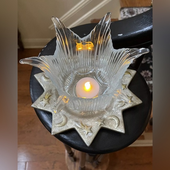 Boho Silver Celestial Painted Clay Star Moon Plate Charger 7.25”Glass votive 2Pc - Picture 3 of 16